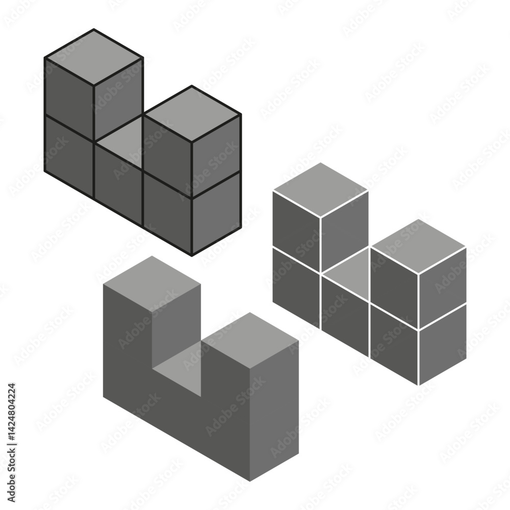Isometric cube shapes. Geometric block structure. Abstract box form. Vector volume design. Isometric cube shapes. Geometric block structure. Abstract box form. Vector volume design.