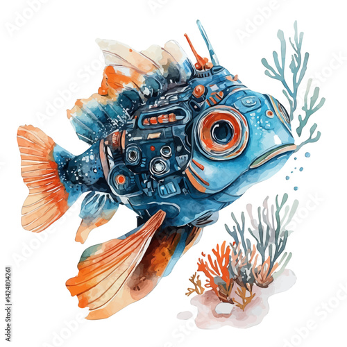 Robotic fish exploring coral reefs, watercolor illustration, isolated on a white background.

