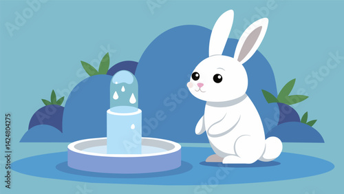 A shy bunny rabbit tentatively approaches the cascading water of a fountain lapping up the fresh water with not a drop spilled.. Vector illustration