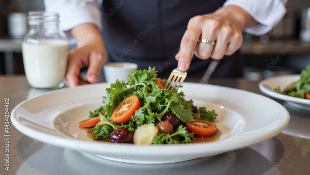 Professional Chef Garnishing Gourmet Salad with Fresh Herbs, Vegetables in Modern Kitchen – Healthy, Organic, Culinary Art Professional Chef Garnishing Gourmet Salad with Fresh Herbs, Vegetables in Modern Kitchen – Healthy, Organic, Culinary Art