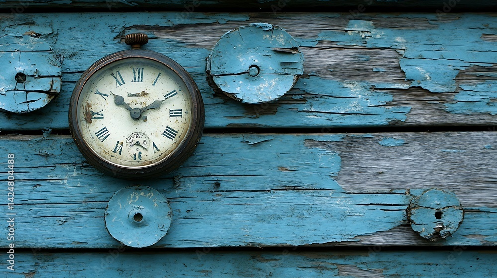 Weathered clock on aged blue wood Weathered clock on aged blue wood