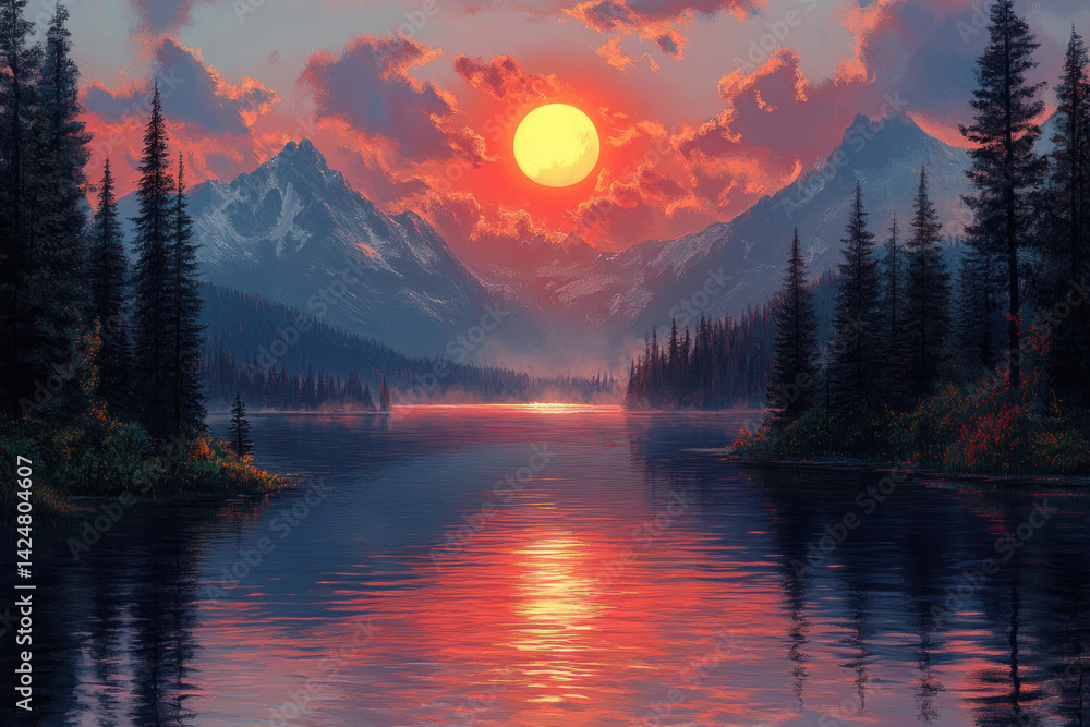a picturesque landscape with a lake reflecting the bright setting sun.