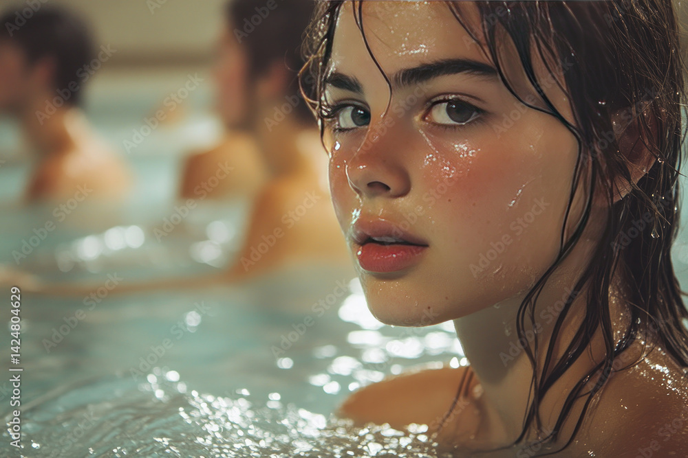A close-up of a girl with wet hair and water droplets on her skin, standing in a swimming pool.