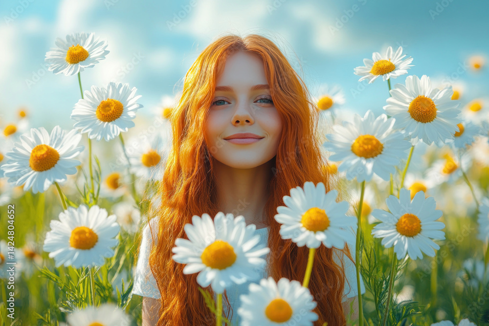 A bright and sunny photo of a young girl with long red hair standing in a blooming chamomile field.