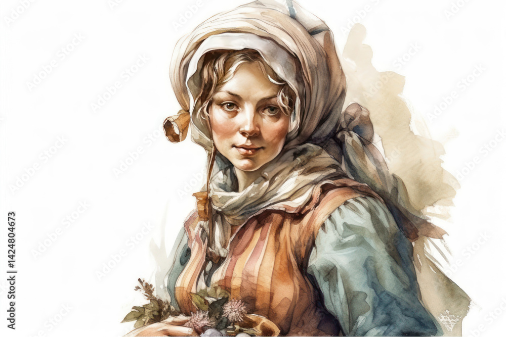 A watercolor portrait of a young girl in traditional peasant clothing, with a headscarf and a gentle, calm expression