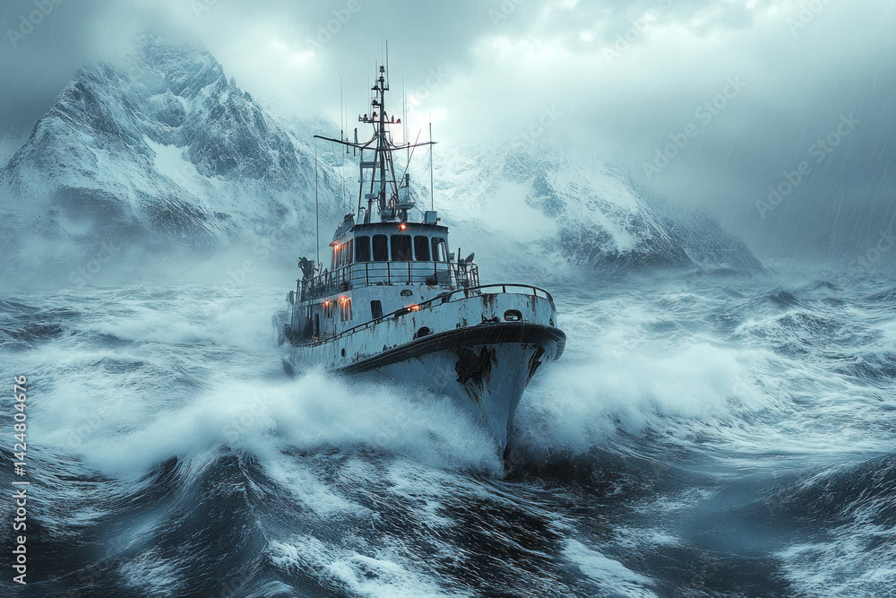 A dramatic image of a seagoing vessel battling a storm in harsh arctic waters. The backdrop is majestic snow-capped mountains shrouded in fog and rain.