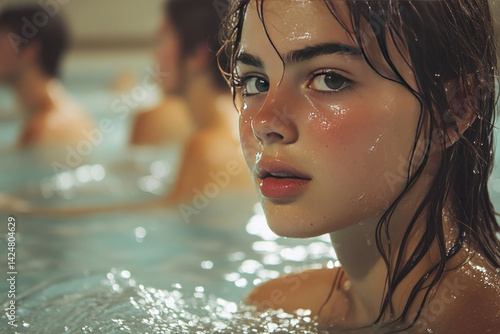 Obraz na płótnie A close-up of a girl with wet hair and water droplets on her skin, standing in a swimming pool. w salonie