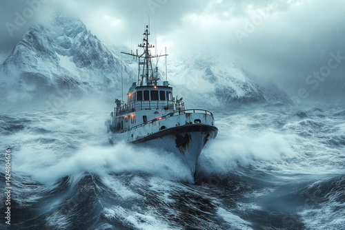 Obraz na płótnie A dramatic image of a seagoing vessel battling a storm in harsh arctic waters. The backdrop is majestic snow-capped mountains shrouded in fog and rain. w salonie
