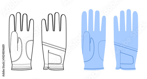 Golf Gloves blue cartoon and flat mockup sketch Fashion hand accessory clothing technical illustration garment. Vector front palm back view for Men women, unisex style template CAD on white background