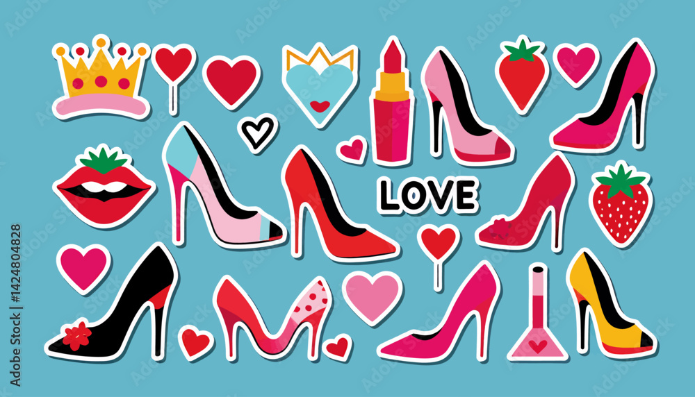 Fototapeta premium Stylish Fashion Illustration_High Heels_Lipstick_Crowns_Hearts_and Strawberries on Blue Background_Trendy Girly Stickers for Fashion Lovers and Designers