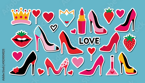 Stylish Fashion Illustration_High Heels_Lipstick_Crowns_Hearts_and Strawberries on Blue Background_Trendy Girly Stickers for Fashion Lovers and Designers