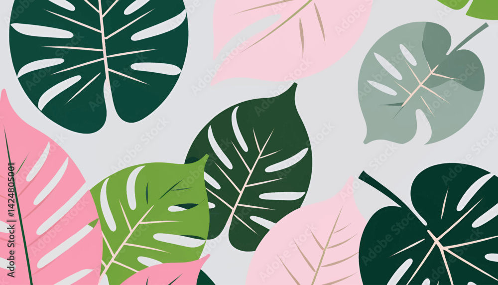 Fototapeta premium Tropical Monstera Leaf Pattern Wallpaper_Pastel Colors and Green Tones_Stylish Home Decor_Botanical Illustration_Trendy Background for Design Projects