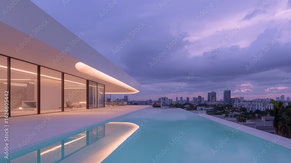 Fototapeta premium Modern penthouse with rooftop pool, overlooking city skyline at twilight