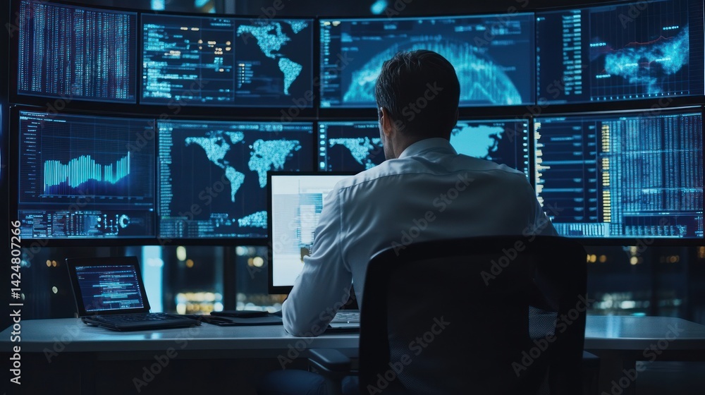 Cybersecurity Analyst Working Late at Night Cybersecurity Analyst Working Late at Night