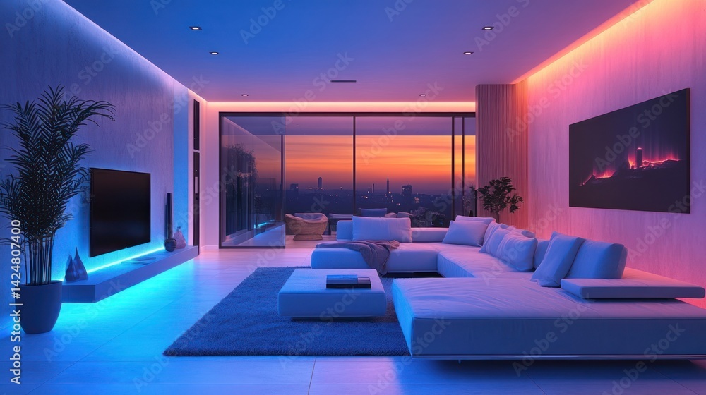 Modern Living Room with City Sunset View and LED Lighting Modern Living Room with City Sunset View and LED Lighting