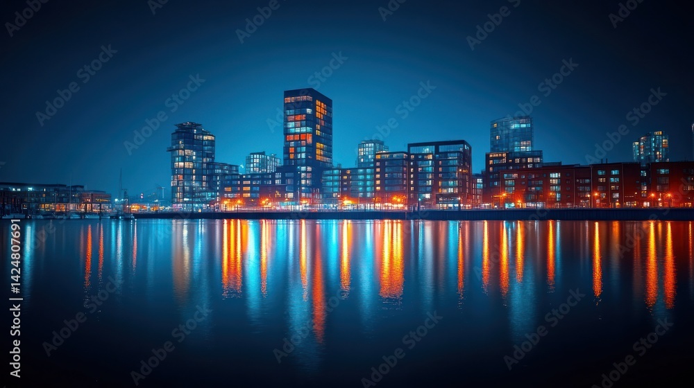 Fototapeta premium Night cityscape reflection, modern architecture illuminated, urban waterfront, tranquil waters