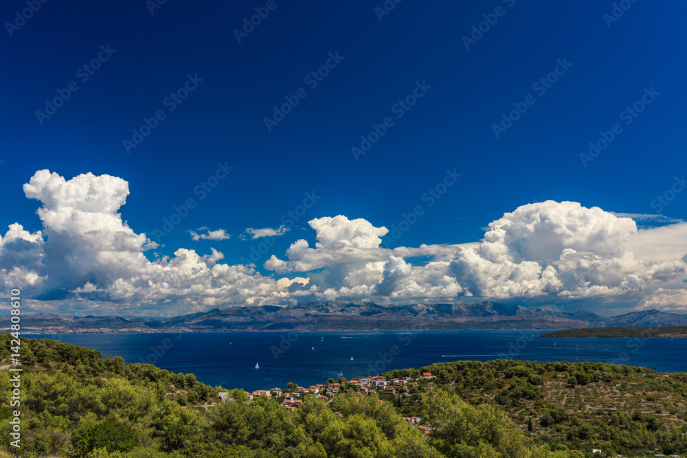 Naklejka premium View of Vrač and Split from Šolta island in Summer