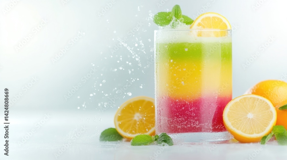 Colorful layered fruit drink with splashes Colorful layered fruit drink with splashes