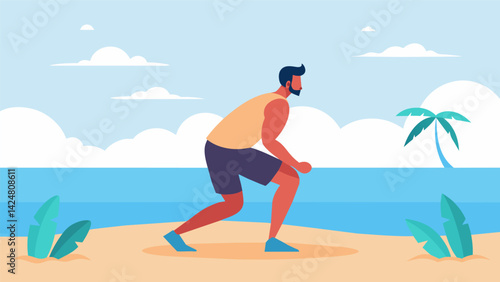 A man walking along the beach stopping to do some gentle squats..