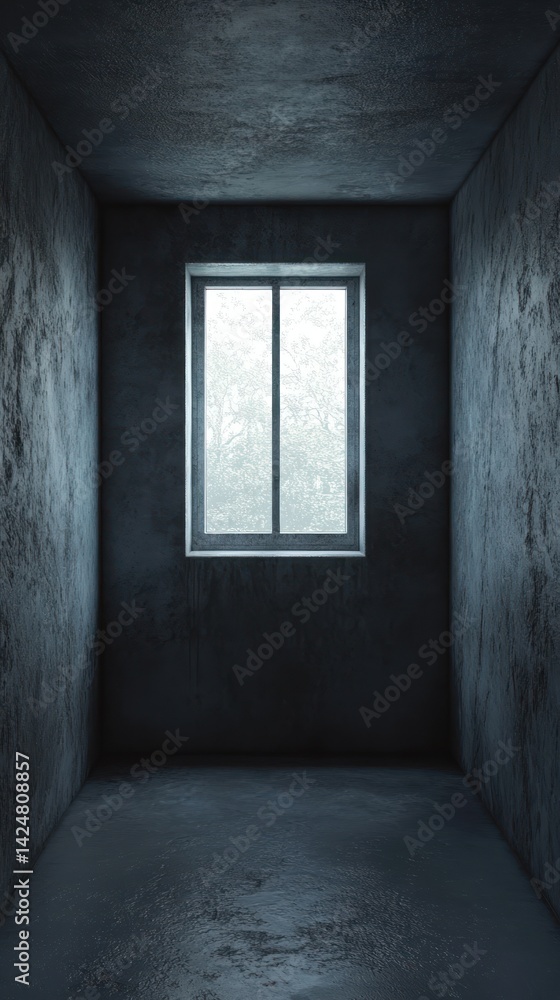 Empty, dimly lit room with a single window. Empty, dimly lit room with a single window.