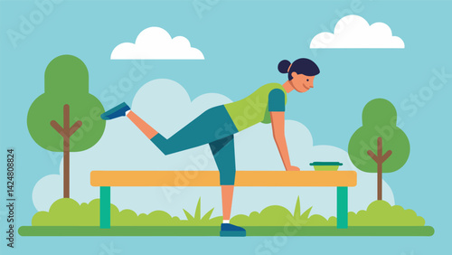 A person using a park bench for a series of planks using the bench as a raised surface to add an extra challenge.. Vector illustration