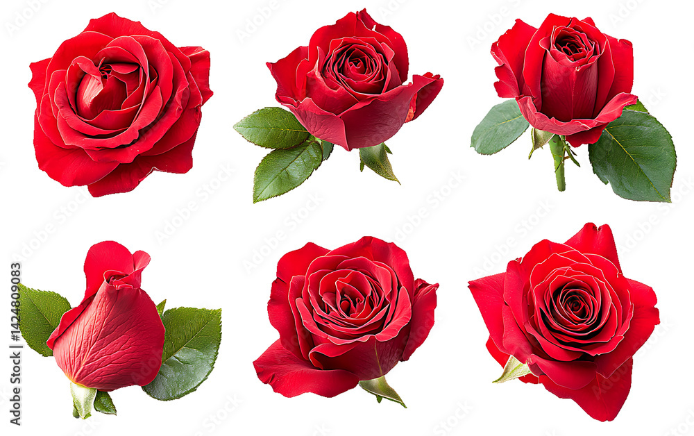 Fototapeta premium Six red roses arranged on a clean trasparent background in different angles