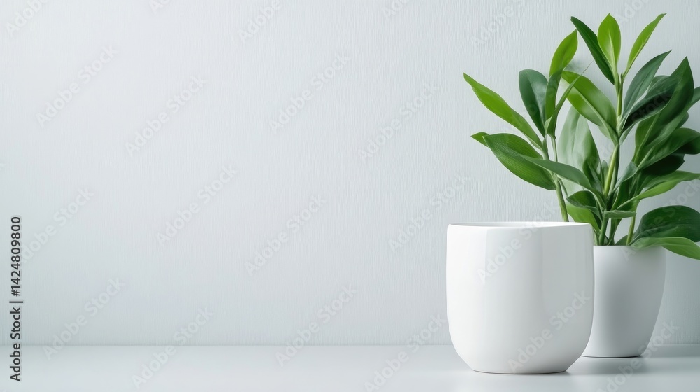 Minimalist, modern, plant-focused, clean design. White ceramic pots and vibrant greenery on a light gray background Minimalist, modern, plant-focused, clean design. White ceramic pots and vibrant greenery on a light gray background
