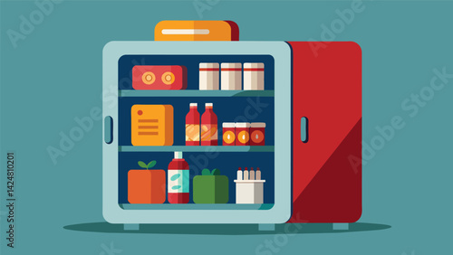 A mini fridge stocked with cold beverages and snacks perfect for a long listening session without interruptions. Vector illustration