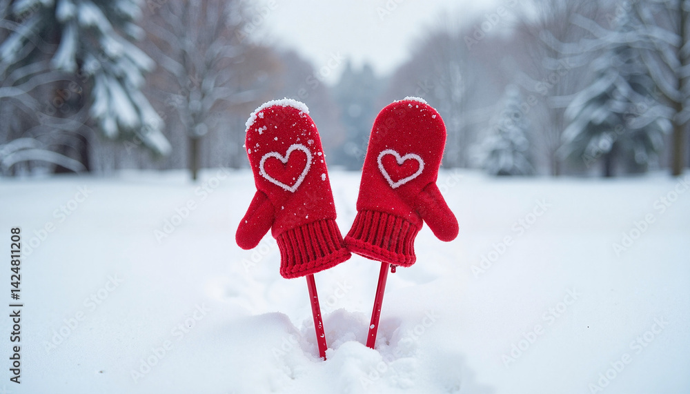 Red Mittens with Heart in Snowy Winter Landscape