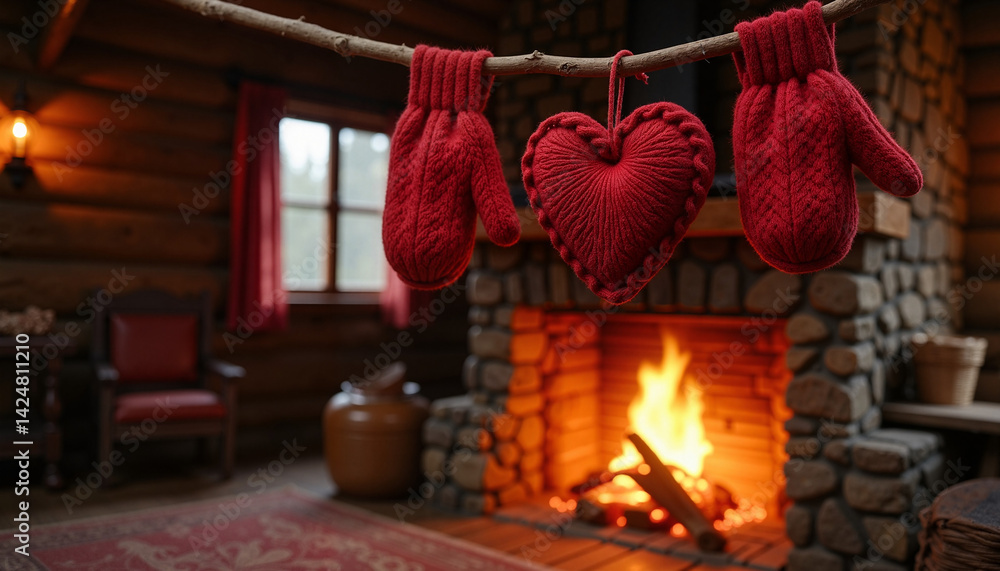 Red Mittens with Heart Hanging by a Fireplace in a Cozy Cabin