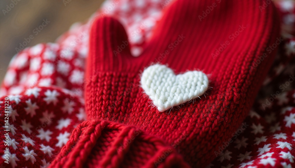 Red mittens with heart on cozy patterned fabric background