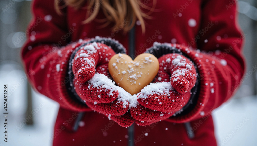 Woman Holding Heart-Shaped Cookie in Red Mittens in Snowy Forest