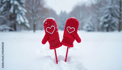 Obraz na płótnie Red Mittens with Heart in Snowy Winter Landscape w salonie
