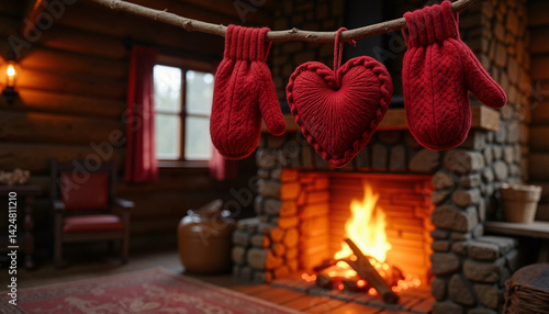 Obraz na płótnie Red Mittens with Heart Hanging by a Fireplace in a Cozy Cabin w salonie