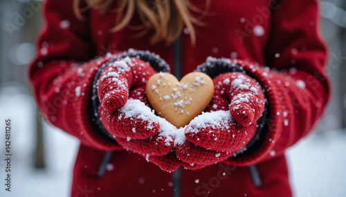 Obraz na płótnie Woman Holding Heart-Shaped Cookie in Red Mittens in Snowy Forest w salonie