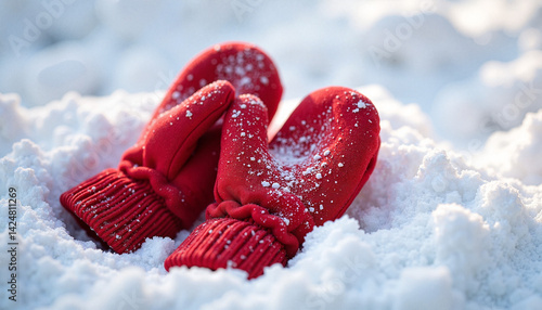 Obraz na płótnie Red Mittens with Heart resting in snow, cozy winter setting w salonie