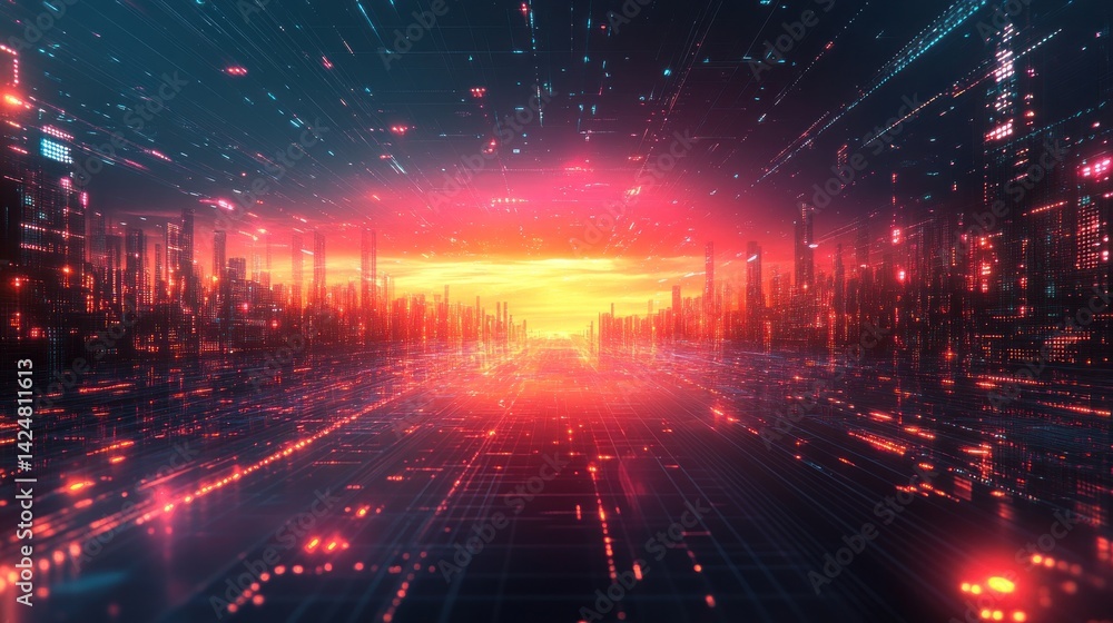 Obraz premium Cyberpunk Cityscape at Sunset: A Digital Horizon