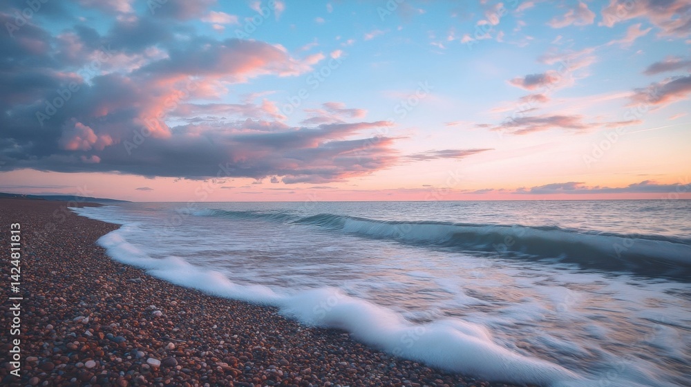Fototapeta premium Calm Beach Sunset with Gentle Waves and Colorful Sky