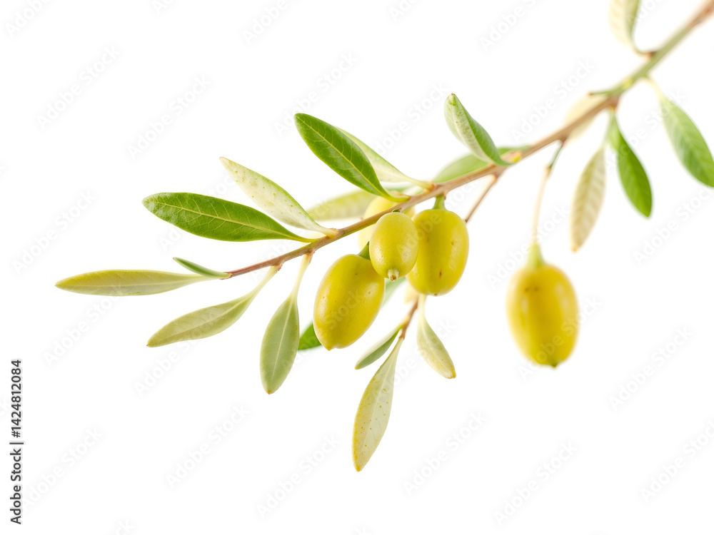 Close-up of olive branch with ripe green olives on white background for organic food theme. Generative AI
