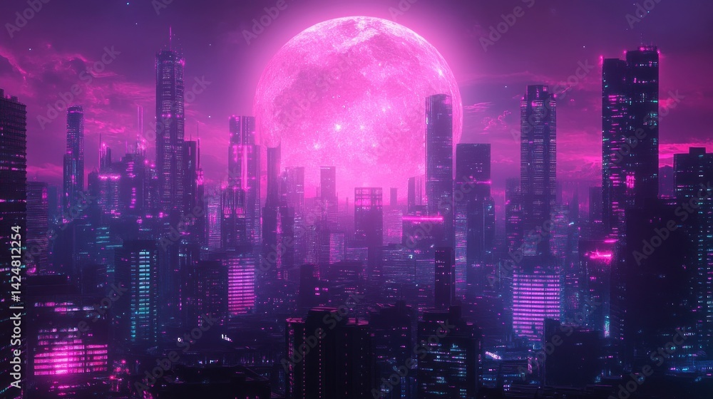 Obraz premium Futuristic Cityscape Underneath a Giant Pink Moon