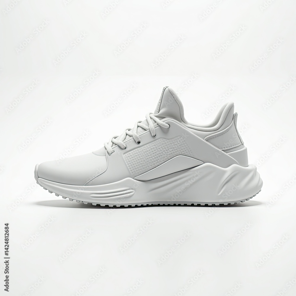 Sleek white running shoe with a modern design, perfect for athletic wear and casual outings. Sleek white running shoe with a modern design, perfect for athletic wear and casual outings.