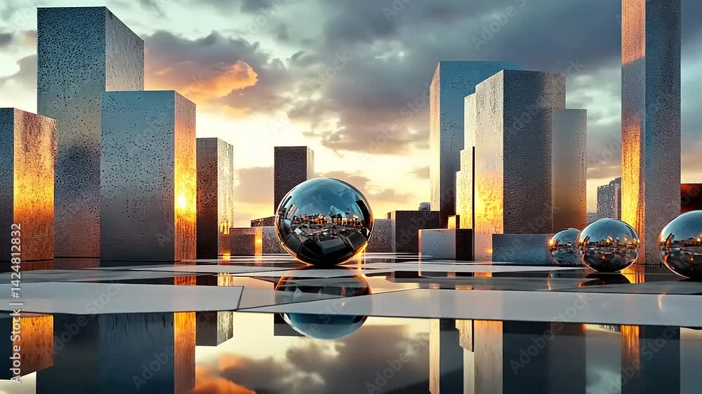 Abstract Urban Landscape with Spheres and Reflections at Golden Hour