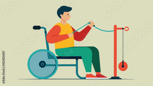 A wheelchair user performing a seated row with resistance bands attached to their chair.. Vector illustration