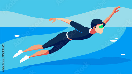 A man in a wetsuit using a kickboard to practice swimming strokes in the shallow end of the pool. The bright blue water and clear skies make for a. Vector illustration