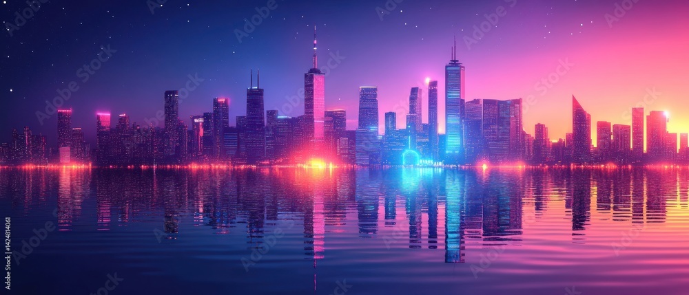 Neon Cityscape at Twilight: A Futuristic Metropolis Reflecting in Calm Waters Neon Cityscape at Twilight: A Futuristic Metropolis Reflecting in Calm Waters