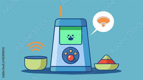 An automatic feeder with a safety monitor that alerts owners if their pet is not eating or drinking for an extended period of time.. Vector illustration