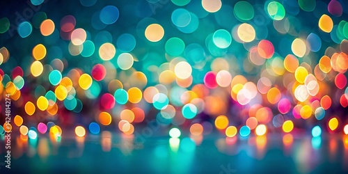 Abstract Bokeh Background: Colorful Blurred Lights on Solid Teal