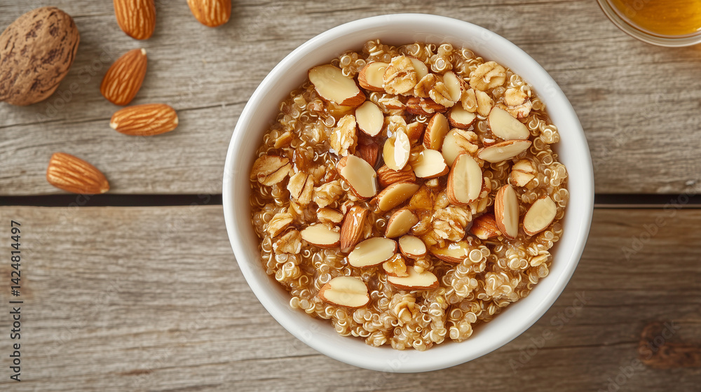 Quinoa porridge with almonds and honey on wooden table Quinoa porridge with almonds and honey on wooden table