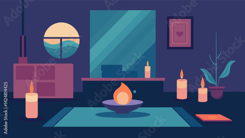 The soft light of candles highlighting the intricate details of a yoga studio creating an inviting space for a candlelit stretching practice.. Vector illustration