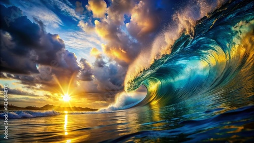 Abstract Ocean Wave Art: Sunlit Blue Yellow Water Texture with High Depth of Field